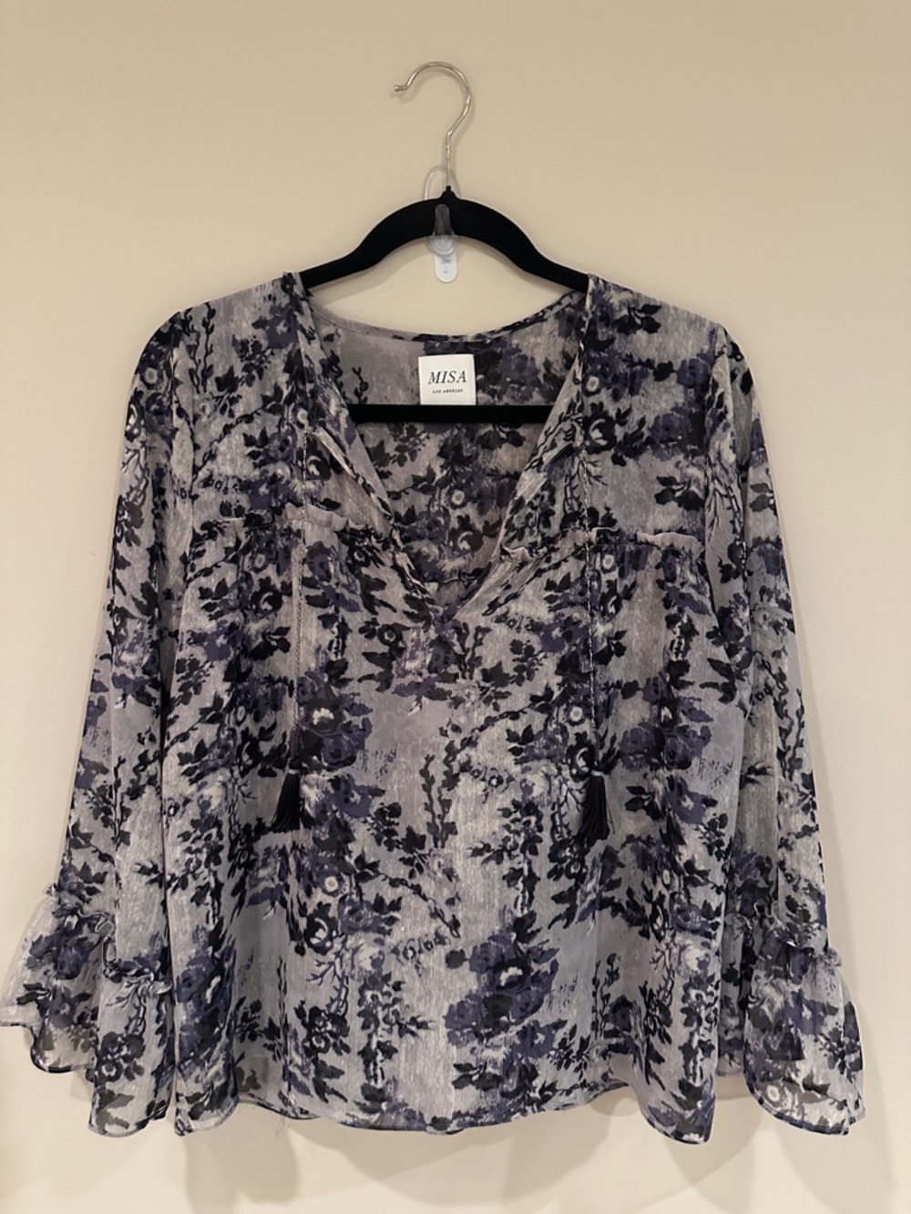 Misa Los Angeles Sheer Floral Tie-Front Blouse in Gray and Black